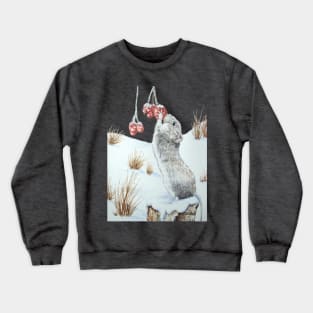 Cute gray wood mouse eating berries in snow Crewneck Sweatshirt